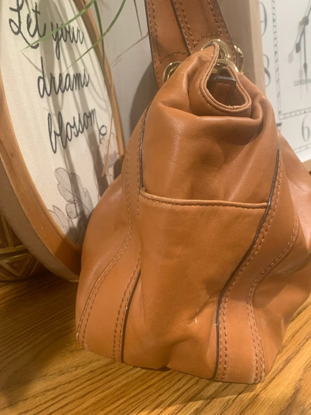 Michael Kors Ludlow Cognac Leather Drawstring Shoulder Bag with Gold Accents - Picture 3 of 16